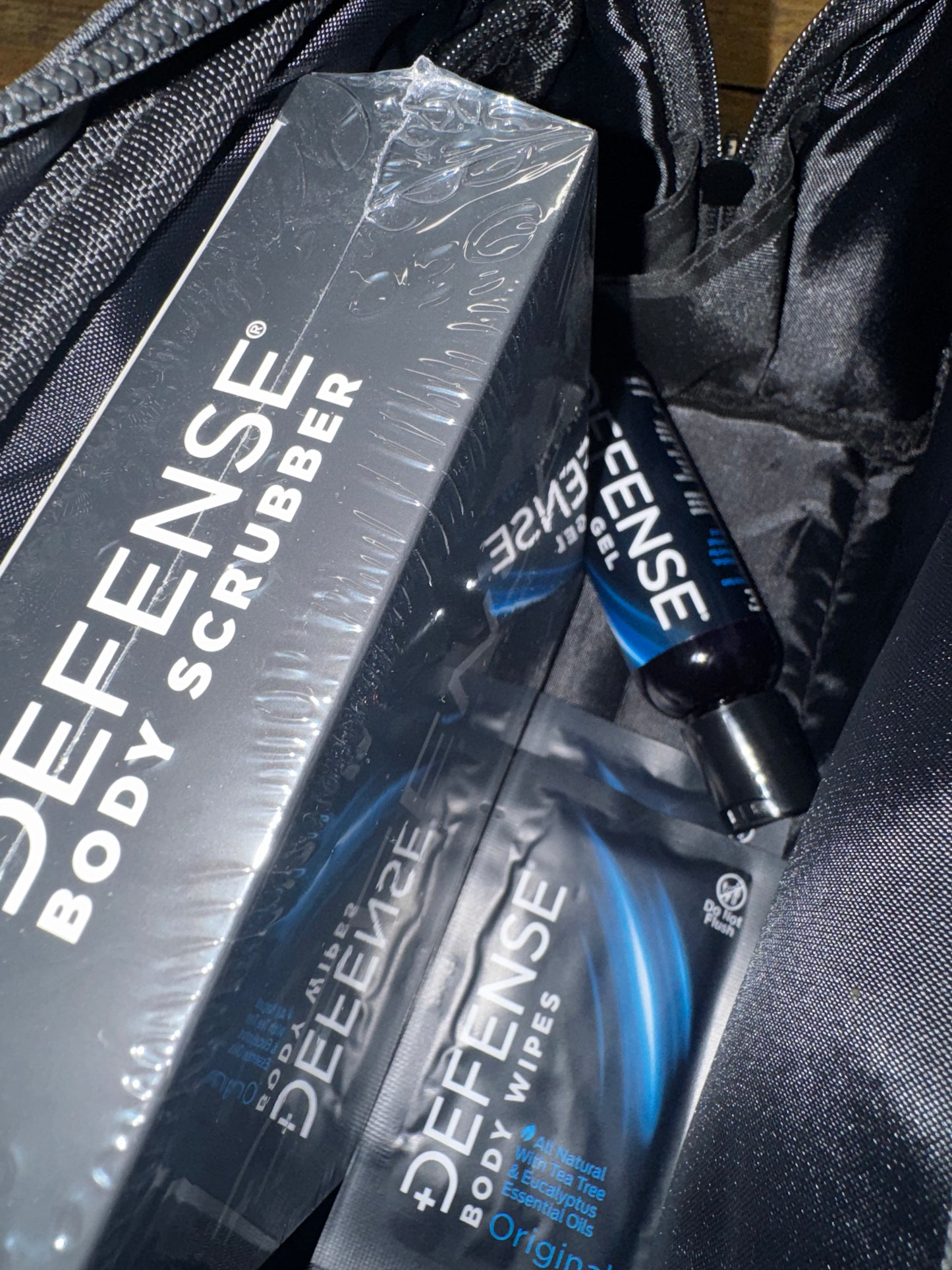 Defense Travel Bag with Wipes, Body Scrubber, Shower Gel